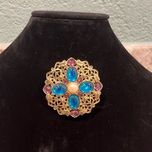 Beautiful, medieval inspired brooch. Gold tone with pearl and colored stones.